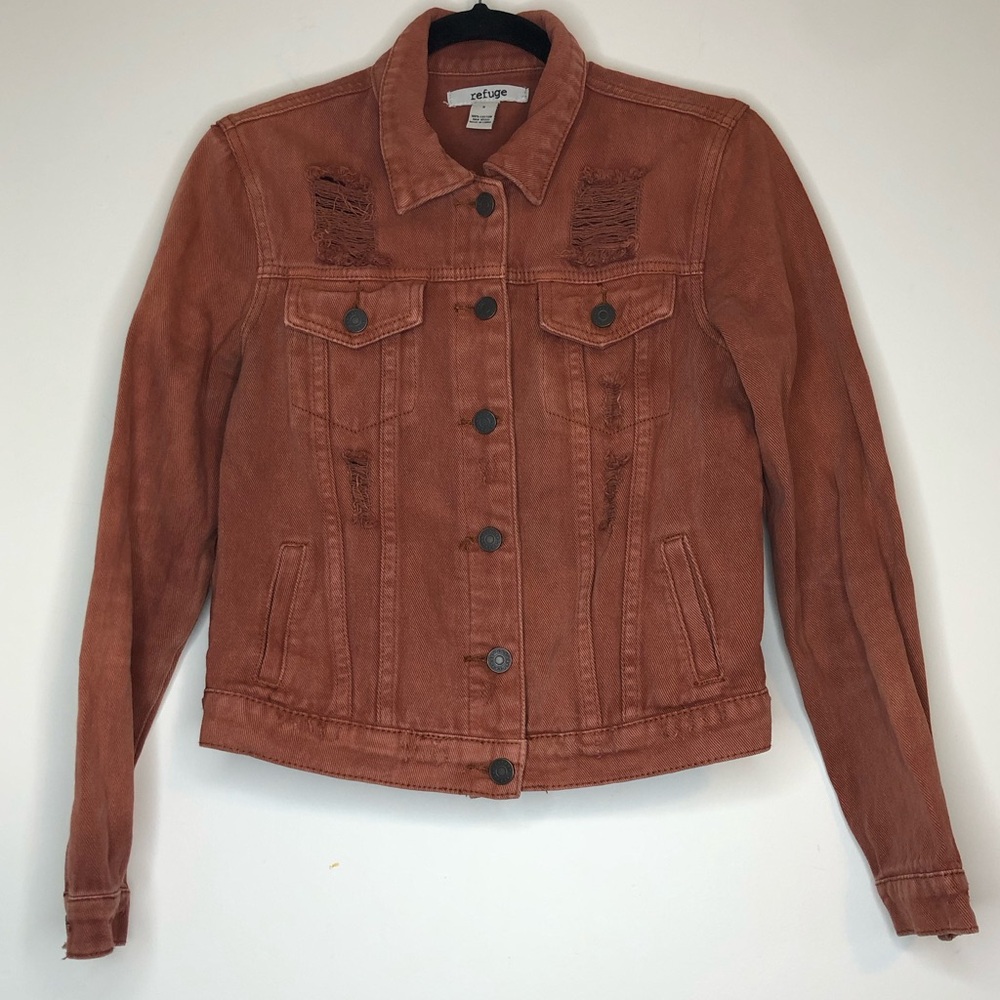 Refuge Distressed Denim Jacket Rust/Brown Color Size Small Button Up - Picture 1 of 5